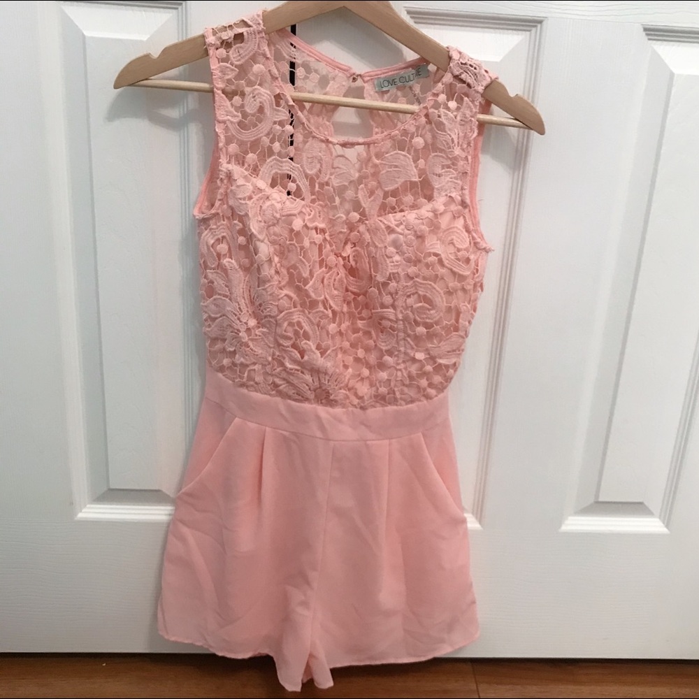 Blush Pink Floral Lace Romper with Pockets